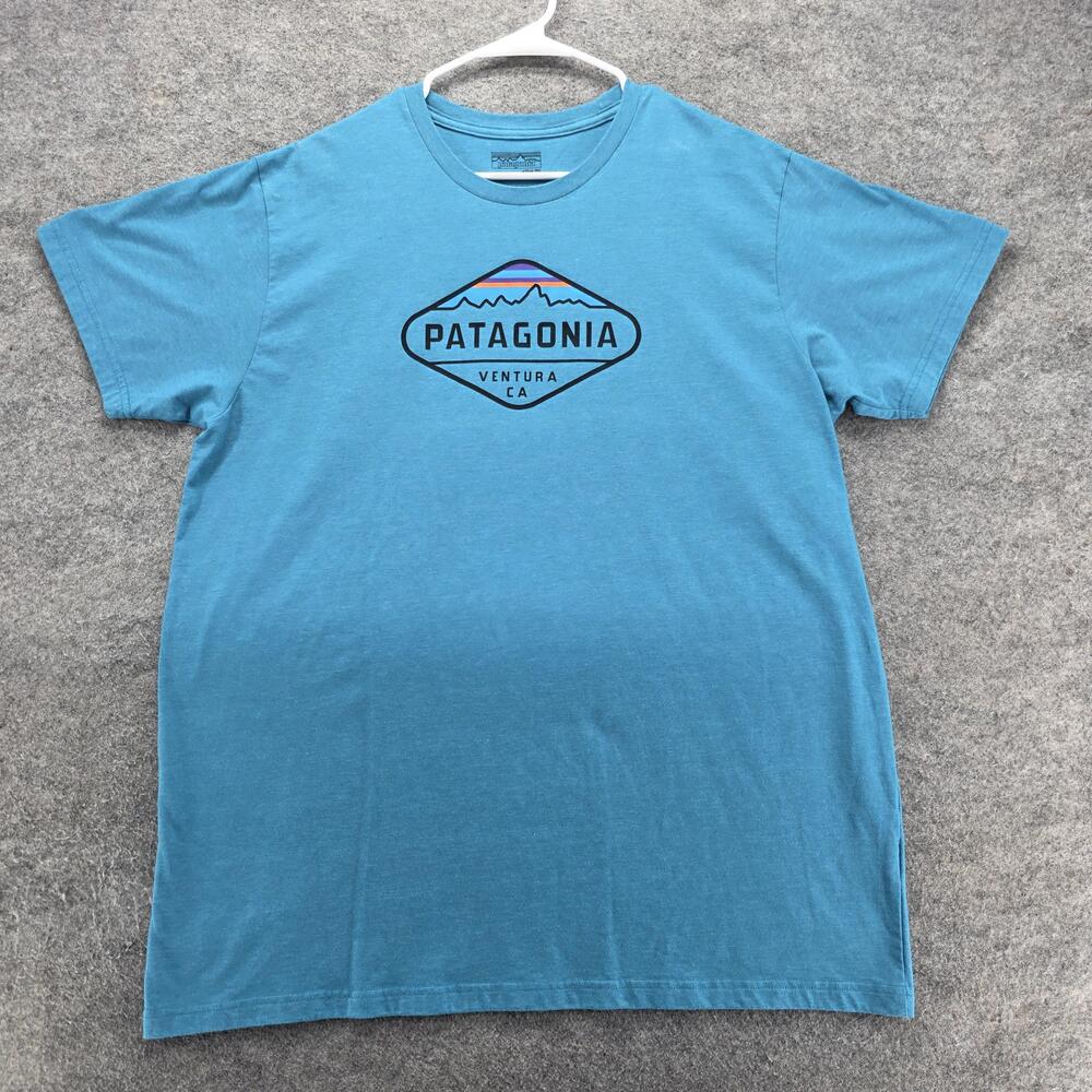 Patagonia Shirt Mens 2XL Blue Short Sleeve Crewneck Tagless Slim Fit Logo